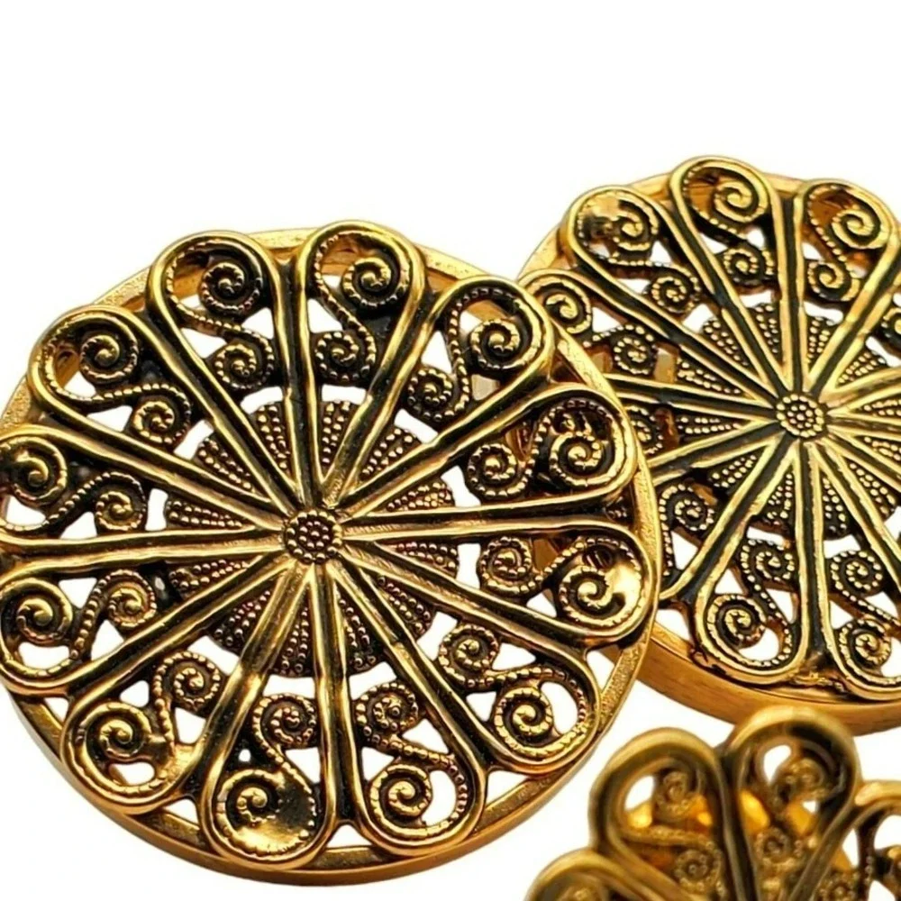 Destino Filigree Cufflinks & Tie Tac Gold‎ Tone Pin Tack Round Open Work Vintage